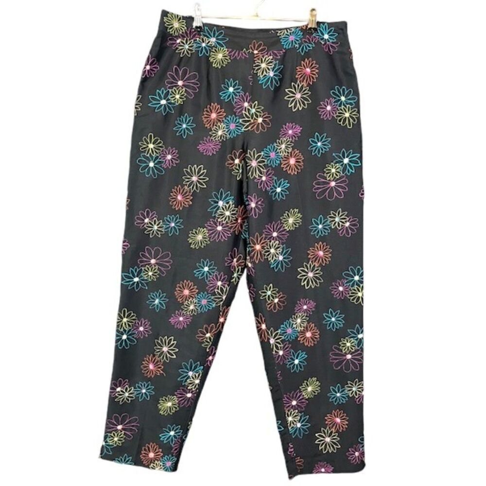 Silkland Vintage 100% Silk Pants Black‎ with Multi Embroidered Flowers Size 8